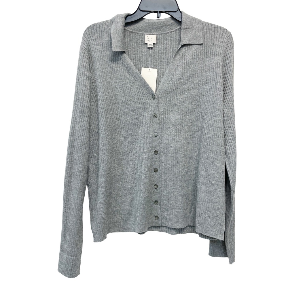 A New Day Grey Ribbed Long Sleeve‎ Button Up Polo Cardigan Sweater Size XXL